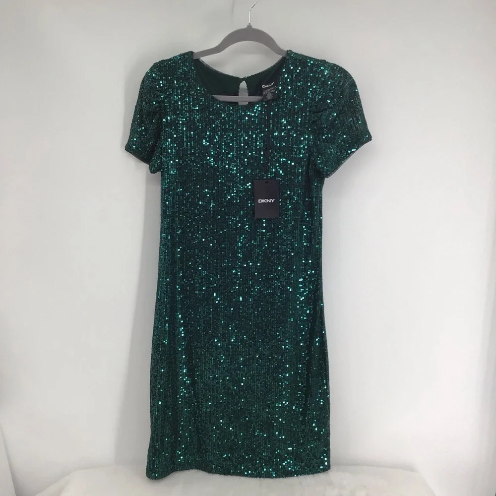 DKNY Cocktail Sequined Holiday Party Bodycon Sheath Dress Green NWT Size 2